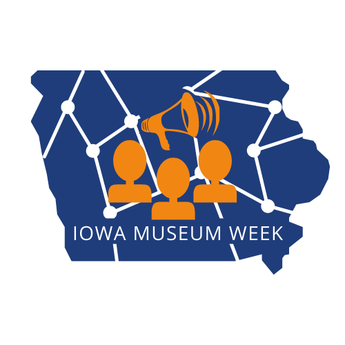 Logo for Iowa Museum Week showing the state of Iowa in blue with three figure busts and a megaphone in orange and white dots connected with white lines. White text says Iowa Museum Week.
