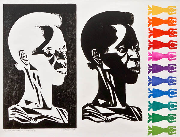 Print of a woman's bust, white on black, then repeated black on white with a repeated silhouette of a person in a dress with arms raised, each in a different color following the color spectrum. 