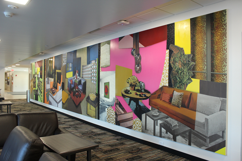 mural on view at Geoffroy Hall, colorful collage of decorated living rooms from the 1970s