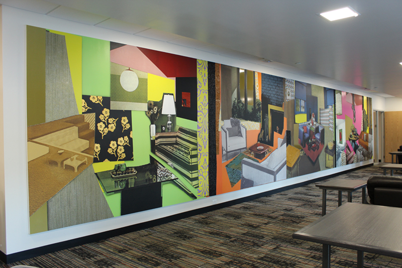 mural on view at Geoffroy Hall, colorful collage of decorated living rooms from the 1970s